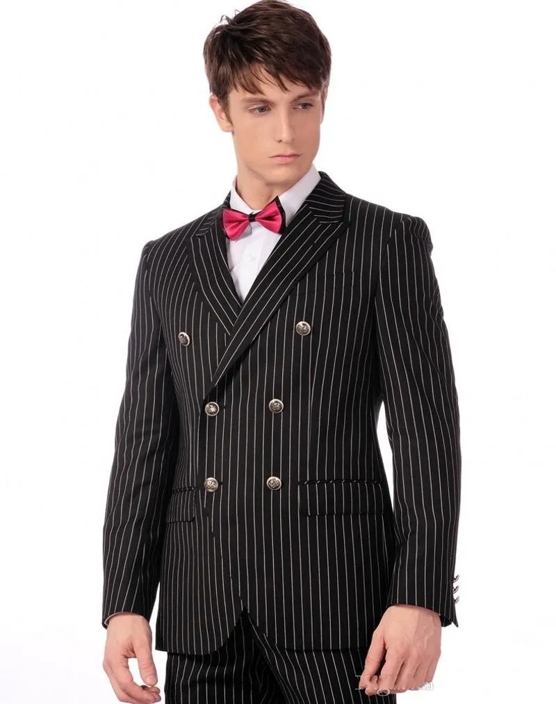 Handsome Black Stripe Men Wedding Tuxedos Double-Breasted Groom Tuxedos Fashion Dress Men Business Dinner/Darty Suit(Jacket+Pants+Tie) 613