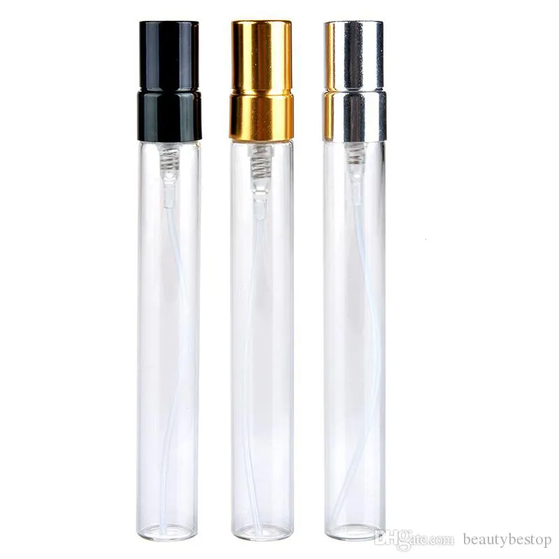 10ml Mini Szkło Perfume Butelki Próbki Spray Butelka Refillable Atomizer Atomizer Szklane fiolki z czarną złotą srebrną czapką