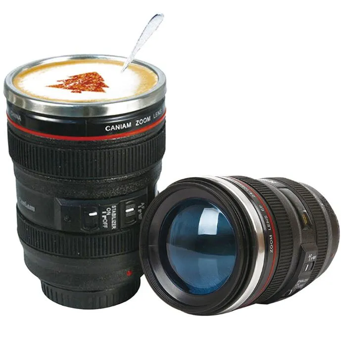 Creative 6th Generation 400ml Stainless Steel Liner Travel Thermal Coffee Camera lens Mug Cups with hood lid & bag packing