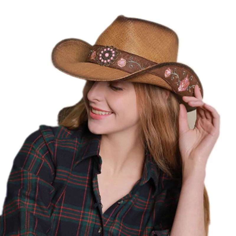 Wome Men Straw Western Cowboy Hat紳士ジャズソンブレロスホムレキャップエレガントな女性カウガール帽子