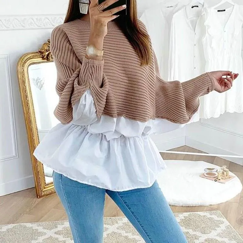 Inverno Ruffled Tricotado Jumper Sweater Patchwork Solto Camisa Casual Camisola Mulheres Femininas Manga Longa Blusas Pulôver