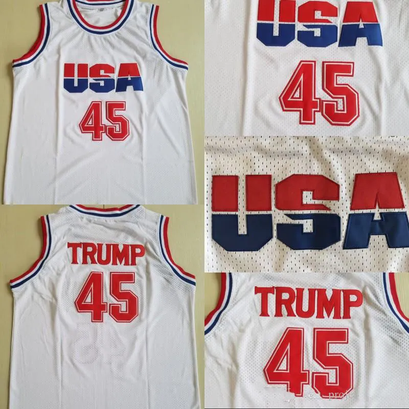 Mens 45 Donald Trump 영화 농구 유니폼 드림 팀 원 패션 100% 스티치 셔츠 흰색 유니폼
