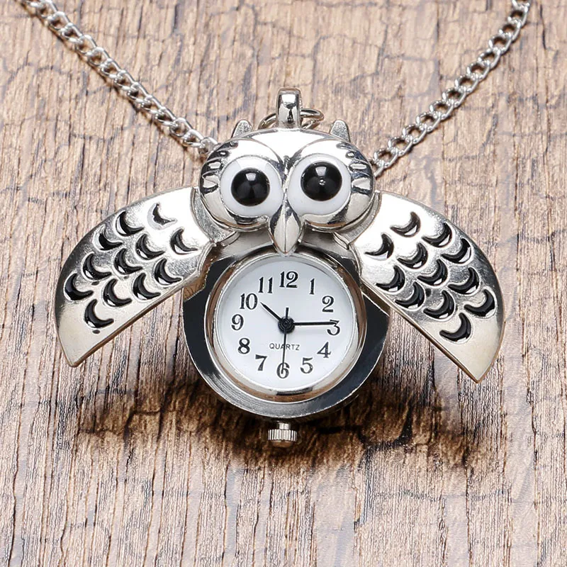 Söt Sier/Bronze Vintage Night Owl Design Pocket Watches Halsband Pendant Quartz Analog Watch for Men Women Kids 475