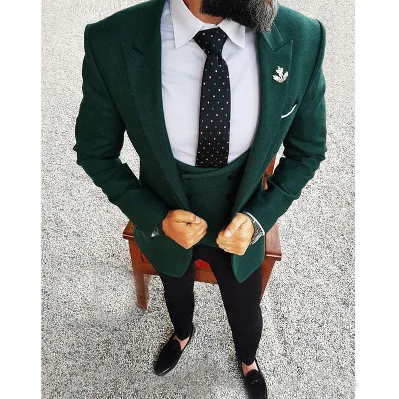 Op maat gemaakte bruidegom smoking 2022 donkergroene mannen blazer drie stuk jas zwarte broek vest slanke fit bruiloft mannen pakken