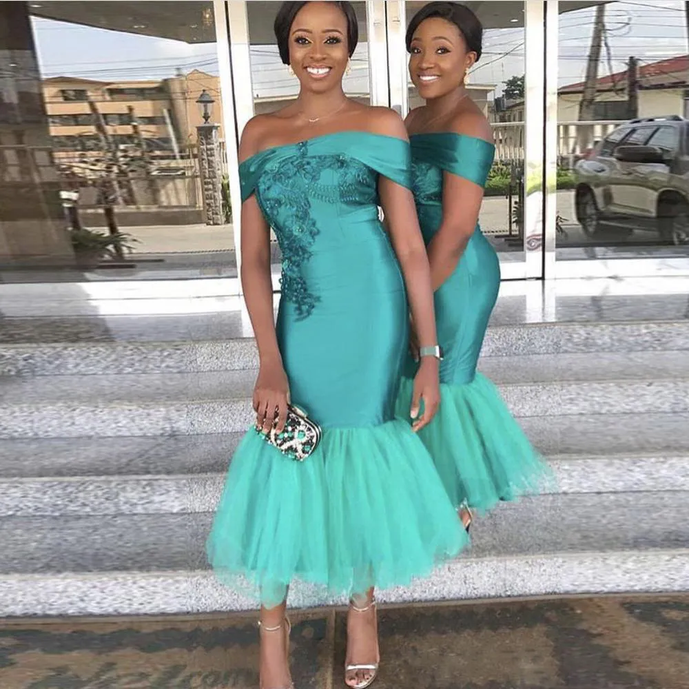 Turquoise And Teal Color Bridesmaid Dresses Sexy Off Shoulder Maid Of Honor Gowns For Wedding Satin And Tulle Cheap Short Bridesmaid Dress