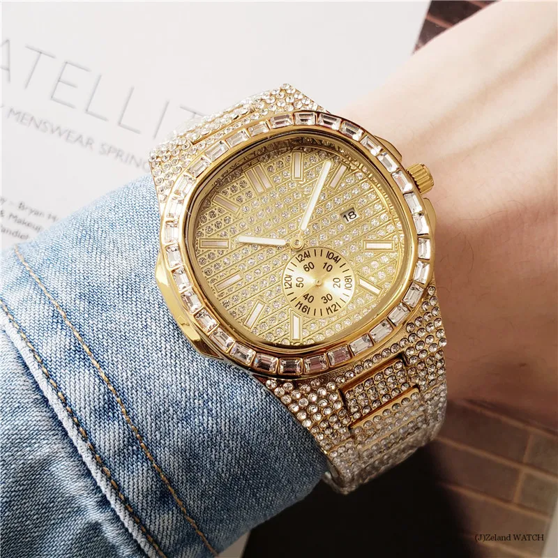 Schweiziska varumärkesklockor för män Luxury Quartz Movement Watch Iced Out Full Diamond Designer Watch Small Dial Work Vattentät Montre de Luxe