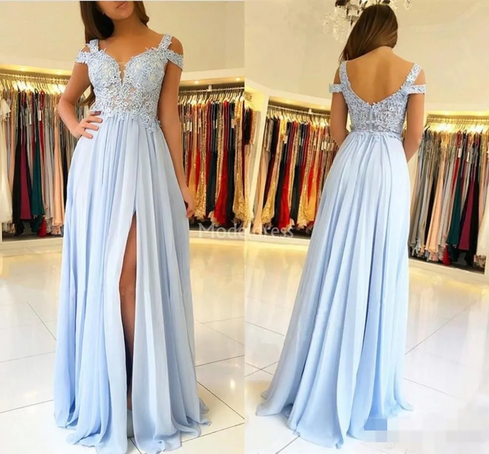 Robes de bal bleu clair une ligne en mousseline de soie dentelle appliques longueur de plancher bretelles fente latérale sur mesure robe de soirée formelle Ocn Wear pplique