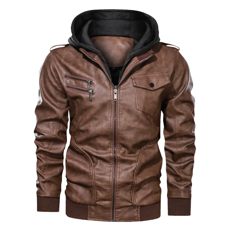 Capinho de inverno de couro manchado Menina removível para masculino Lavado PU grande tamanho casual Homens de motocicletas casuais