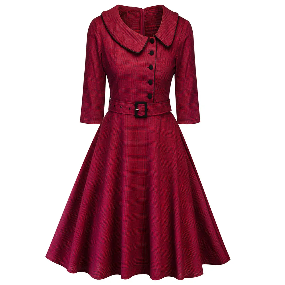 Kvinnor elegant vårvin röd fest klänning feminino vestidos audrey 1960s swing rockabilly robebutton bälten formell klänning