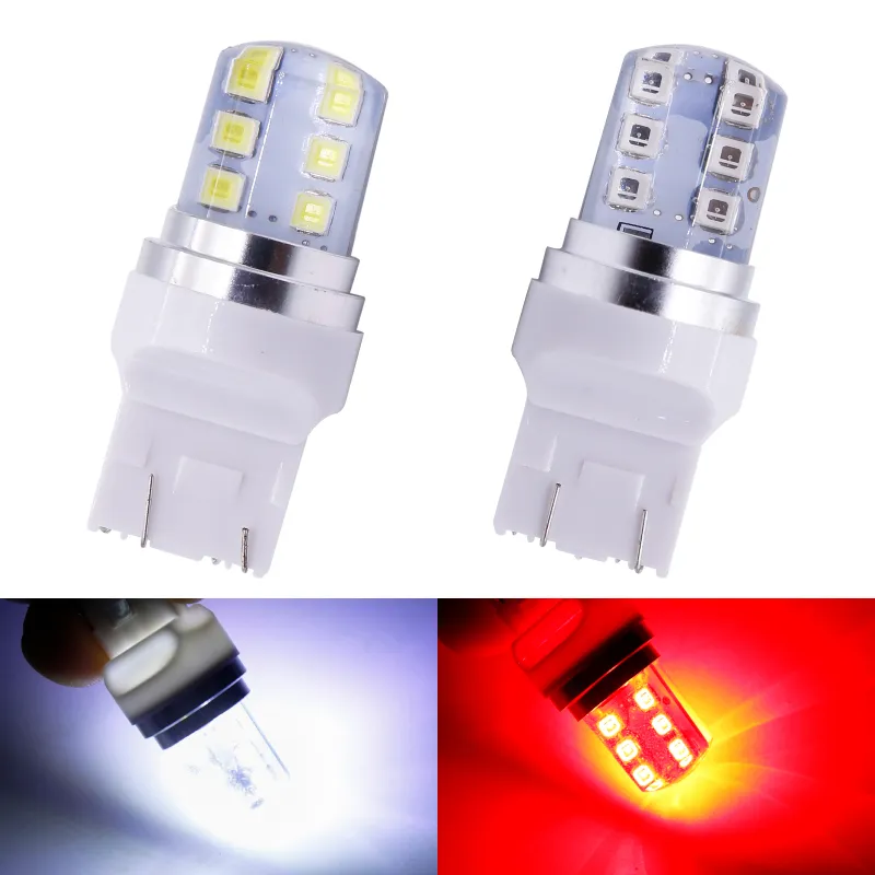 Wysokiej jakości 10 sztuk / partia T20 7443 Strobe Flash Lights 12 SMD 2835 LED Silikonowe Reverse Lights Light Lampka parkingowa Białe czerwone światła samochodu