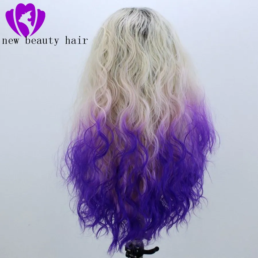 Blonde Ombre Purple Water Wave Synthetic Lace Front display picture 3