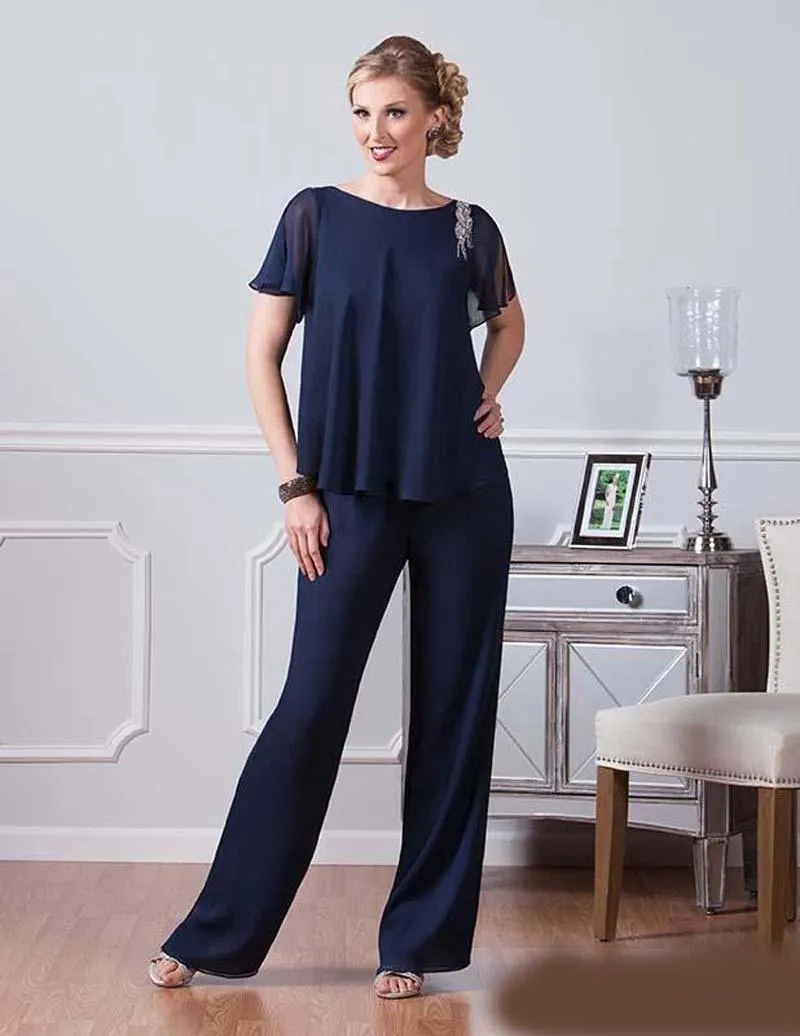 Custom Navy Blue Chiffon Pants Suits For Mother Of The Bride Jewel Neckline Dresses Party Evening For Wedding Mothers Guest Dress