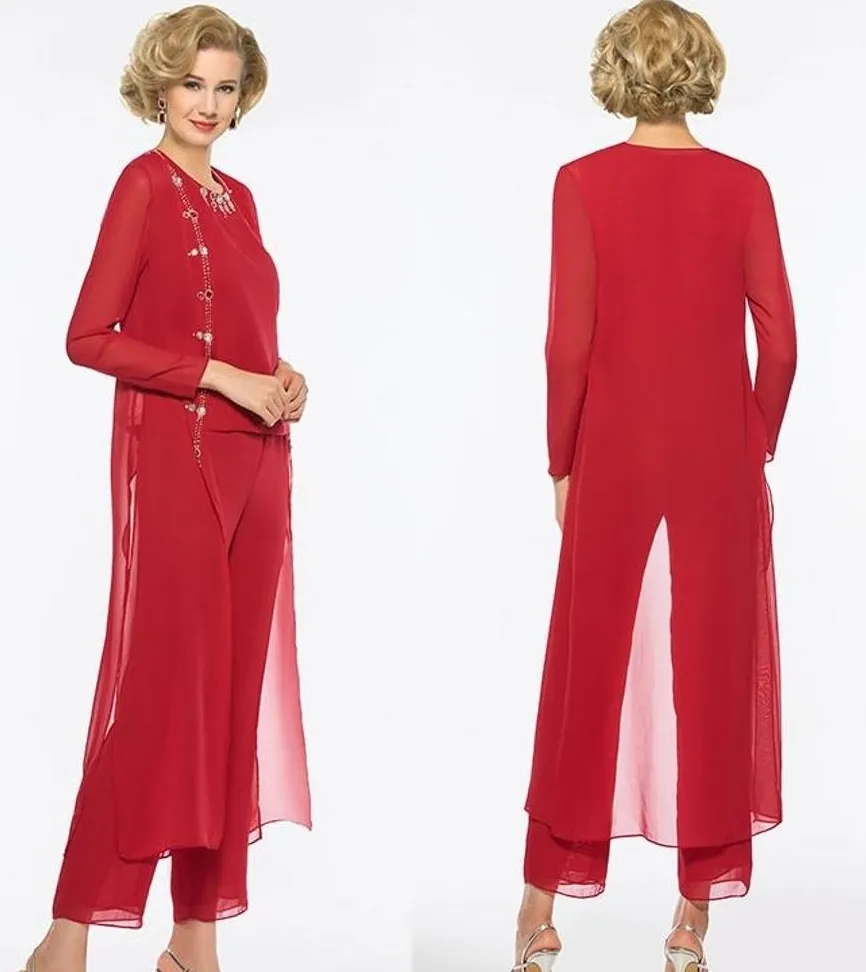 Elegant Red Long Pants Suit Sheath Long Sleeves Jewel Custom Wedding Party Mother Of The Bride Suits