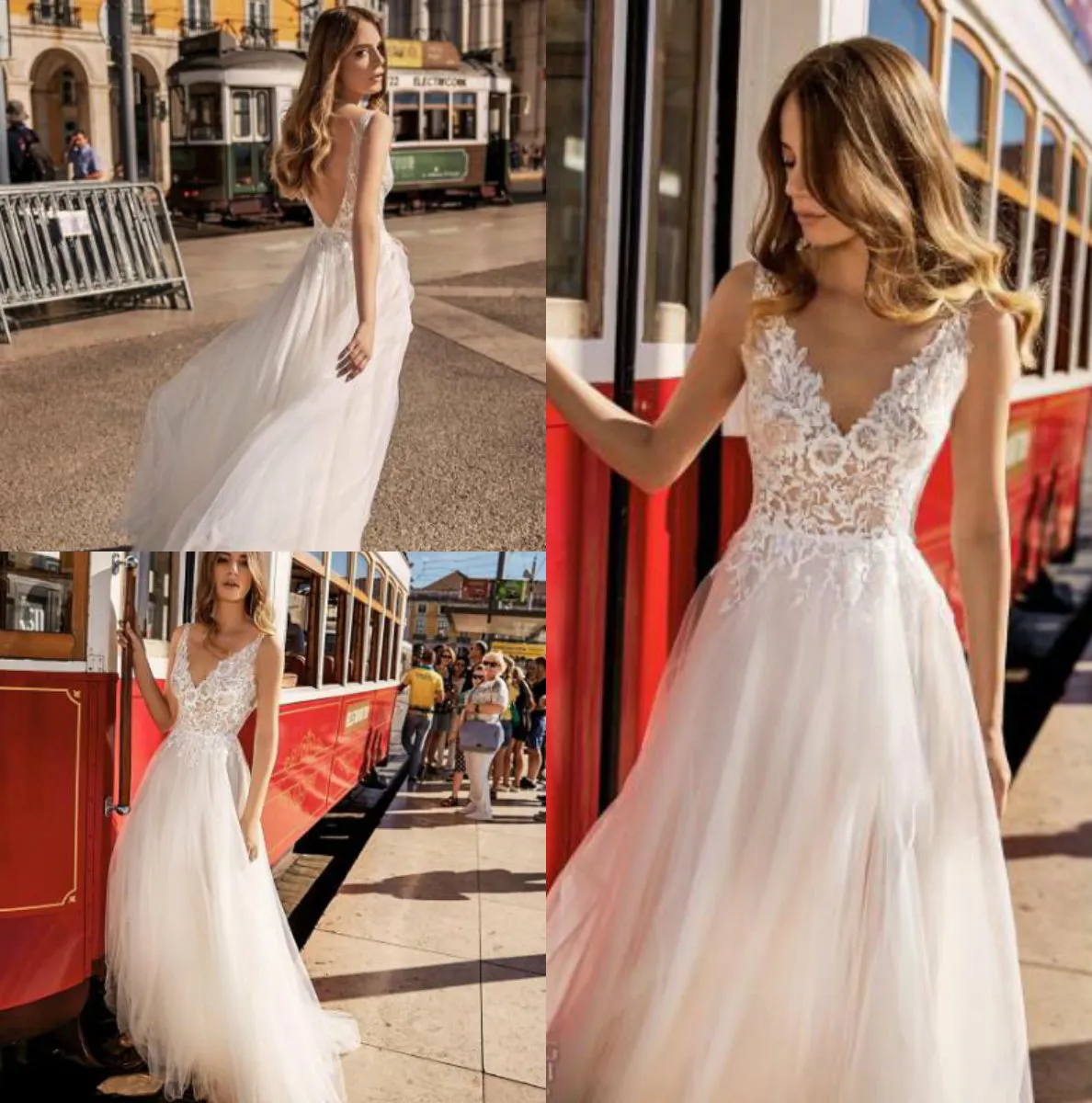 2019 Boho Wedding Dresses V Neck Lace Bridal Gowns Flow Tulle Skirt Backless robe de mariee Wedding Dress Cheap