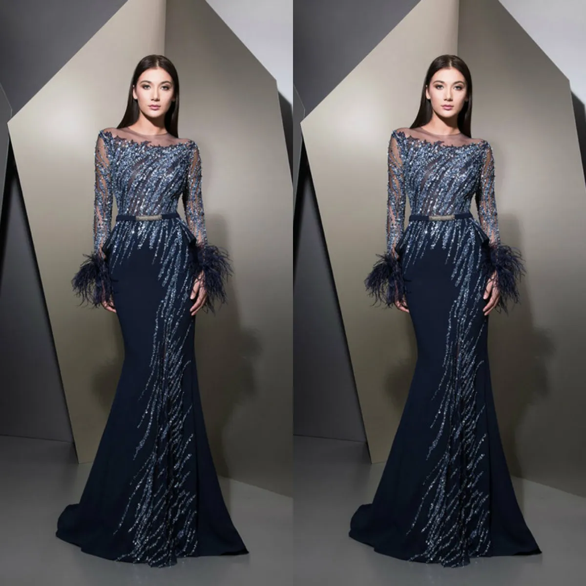 2019 Ziad Nakad Navy Blue Prom Dresses Jewel Long Sleeve Lace Sequins Crystal Mermaid Evening Dress Custom Made Special Occasion Gowns