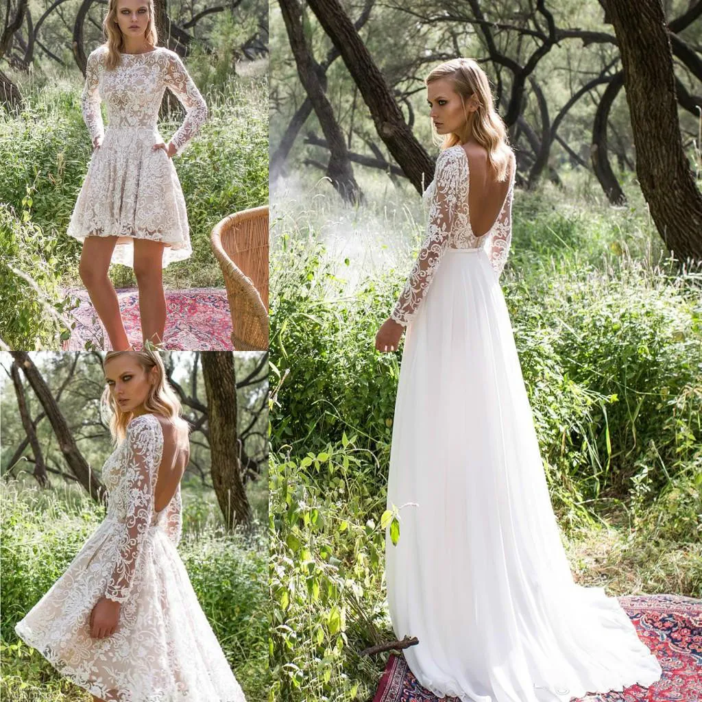 Vestidos de Noiva de Renda Vintage com Saia Destacável Manga Longa Apliques de Miçangas Vestido de Noiva até o Joelho Vestidos de Noiva Linha A sem costas