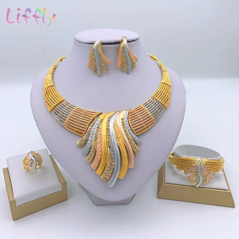 LIFFLY Nowy Zestawy Biżuterii Multicolor Ślub Bridal Big Crystal Dubai Gold Biżuteria Zestawy dla kobiet Naszyjnik Kolczyki