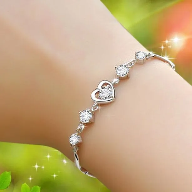 Fashion- jewelry 925 sterling silver plated bracelets purple crystal heart bracelets lovely for women hot fashion