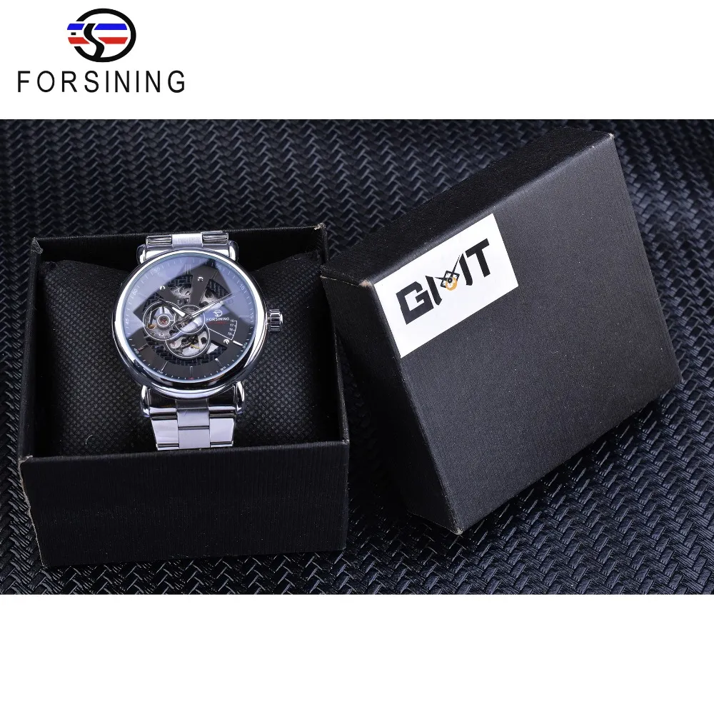 Forsining Steampunk noir argent montres mécaniques pour hommes argent acier inoxydable aiguilles lumineuses Design Sport horloge Male272z