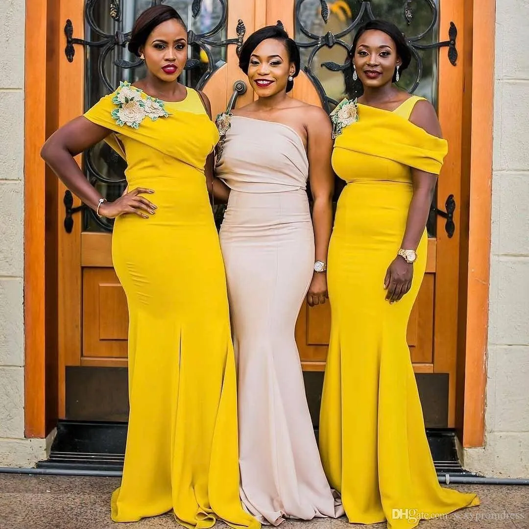 Robes de demoiselle d'honneur sirène africaine jaune nigériane, grande taille, robes de demoiselle d'honneur, longueur au sol, robe d'invité de mariage personnalisée