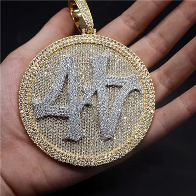 Iced Out Nummer 44 Große Diamant-Halskette mit rundem Anhänger, 18 Karat vergoldet, Herren-HipHop-Bling-Schmuck, Geschenk300j