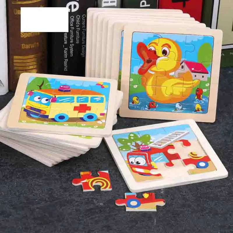 미니 크기 11*11cm 어린이 장난감 나무 퍼즐 나무 3D 퍼즐 어린이를위한 톱가 아기 만화 동물/교통 퍼즐 교육 장난감