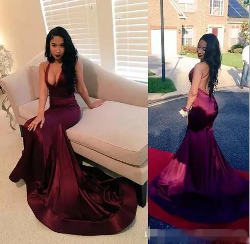 2019 Burgundy Mermaid Prom Dresses Sexy Deep V Neck Custom Made Black Girls Backless Sweep Train Long Evening Party Gowns Formal Wear