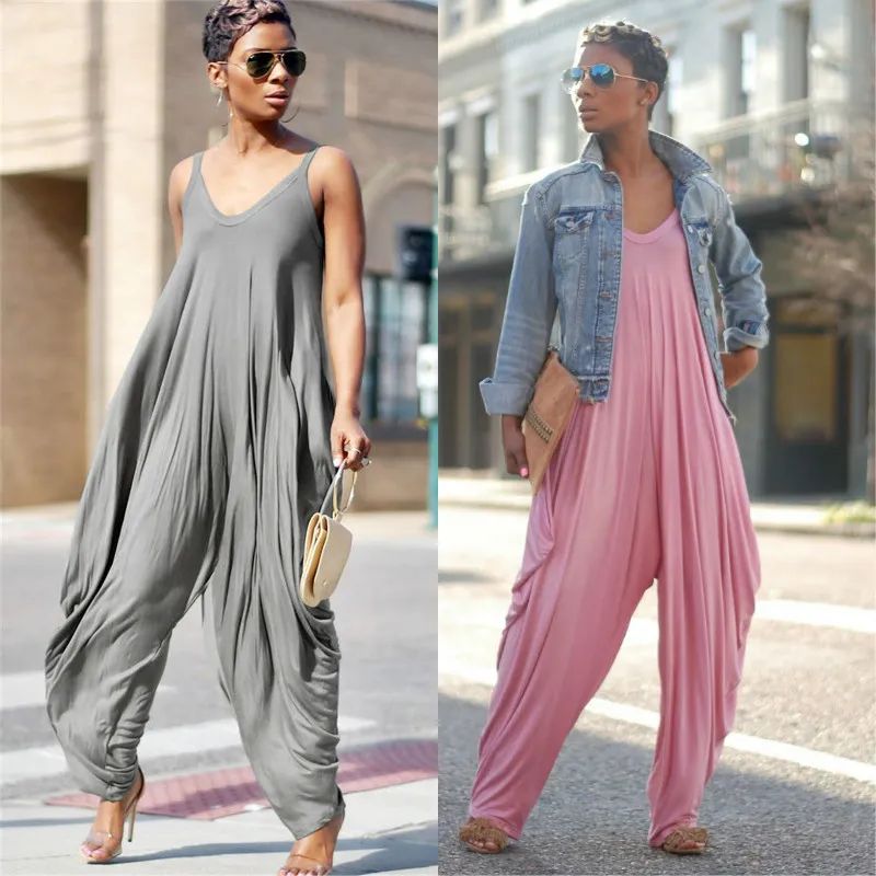 Sommar Casual Lös Harem Jumpsuit Spaghetti Strap Bred Byxa Dam V-hals Ärmlös jumpsuit Stor Oversize Harem Romper One-piece Playsuits