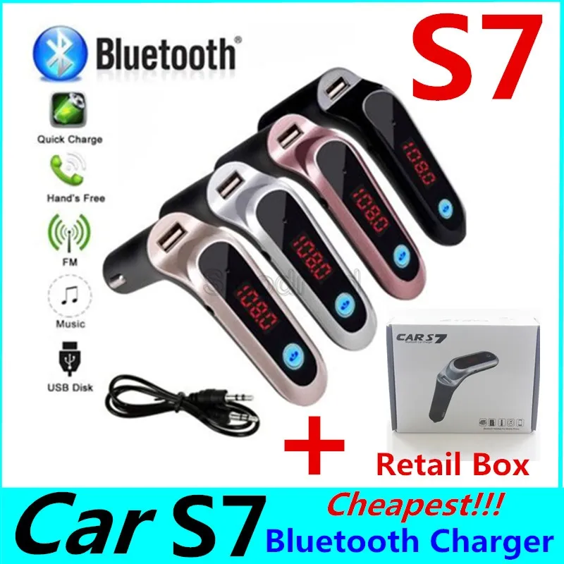 Araba Aksesuarları BT Adaptörü S7 FM Verici Bluetooth Araç Kiti Hands Free FM Radyo Adaptörü USB çıkışı ile Araç Şarj Perakende Kutusu ile