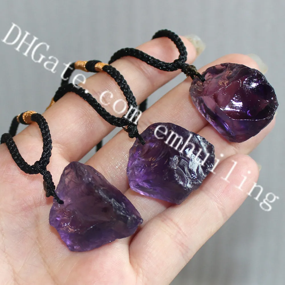 10Pcs 25-30mm Irregular Natural Raw Amethyst Rock Crystal Necklace Jewelry Rough Feburary Birthstone on Adjustable Rope Necklace for Women