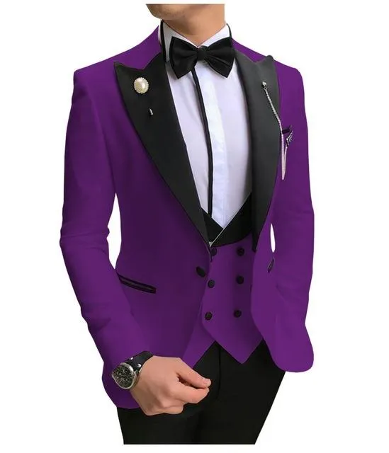 Slim Fit Purple Groom Tuxedos Black Peak Lapel Groomsmen Mężczyzna Suknia Ślubna Styl Mężczyzna Kurtka Blazer 3 Piece Suit (Kurtka + Spodnie + Kamizelka + Krawat) 855