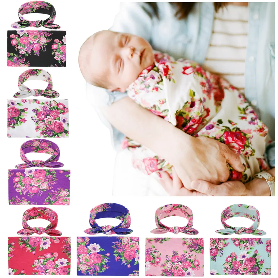 Nyfödda baby swaddling filtar kanin öra huvudband set swaddle foto wrap tyg blommig peony mönster baby fotografi verktyg rra2114