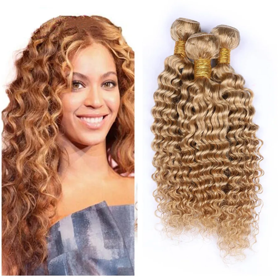 Brazilian Virgin Human Hair Deep Wave Honey Blonde Bundles 3Pcs/Lot Deep Curly Wavy Hair Extensions #27 Color Hair