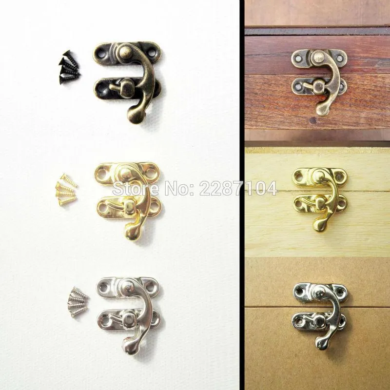 Wholesale- 12Pcs Mini Small Antique Golden Jewelry Gift Wine Wooden Box Case furniture Leather Bag Toggle Hasp Latch Lock Clasp 22x18mm