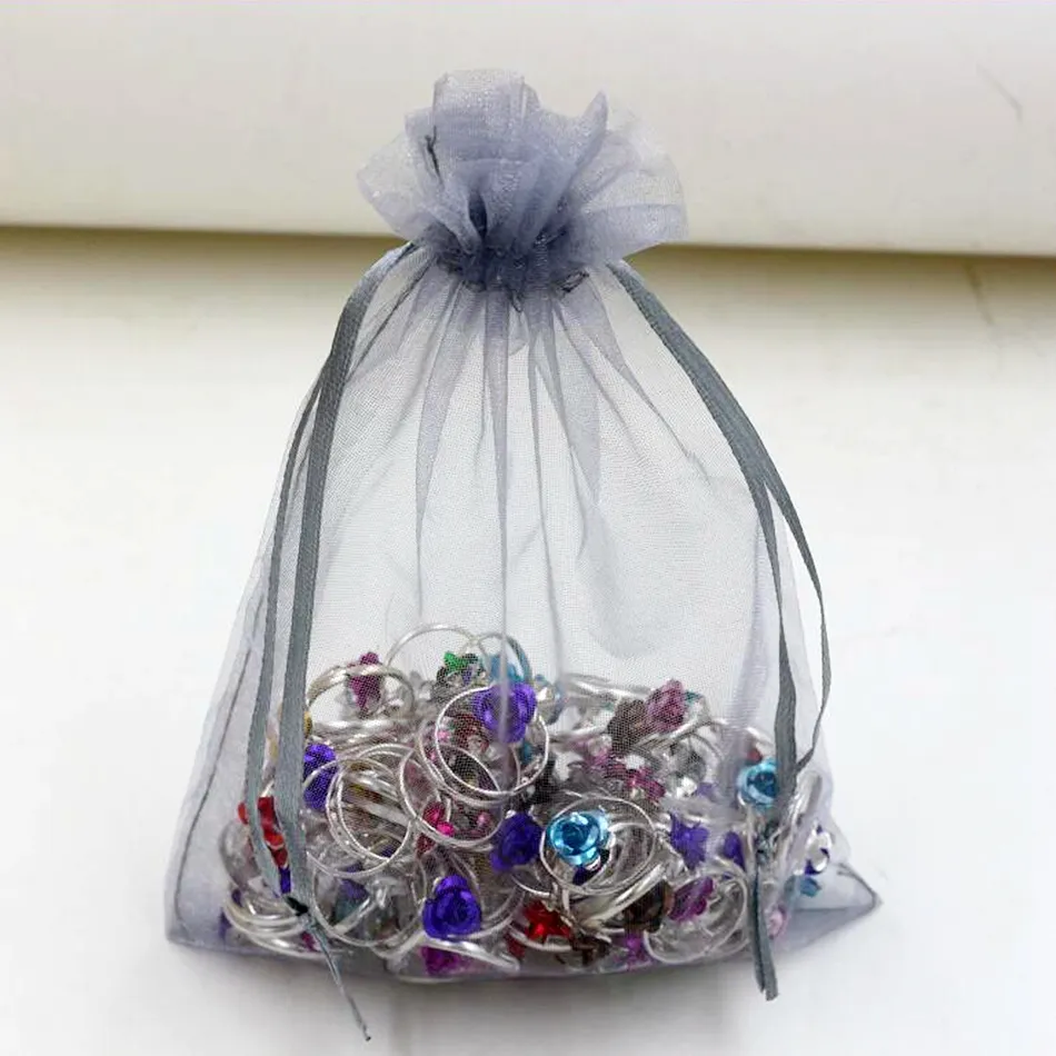 100Pcs 실버 그레이 Drawstring Organza 선물 가방 7x9cm 9x11cm 13x18cm 웨딩 파티 크리스마스 호의 선물 가방