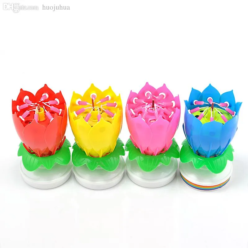 Groothandel-1pc Romantische Musical Lotus Flower Roterende Happy Birthday Party Gift Can Sing the Birthday Song Candle Lights ~ GS627-GS6301PC