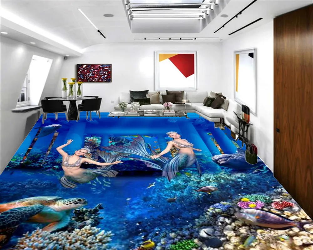 사용자 정의 모든 크기의 3D 바닥 배경 화면 아름다운 수중 세계 인어 거실 침실 3D 층 실내 벽화 벽지