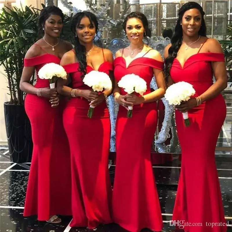 Sirène élégante demoiselle d'honneur rouge robe à l'épaule sans manches noires plies d'été robe de fête d'invité de mariage plus taille bon marché