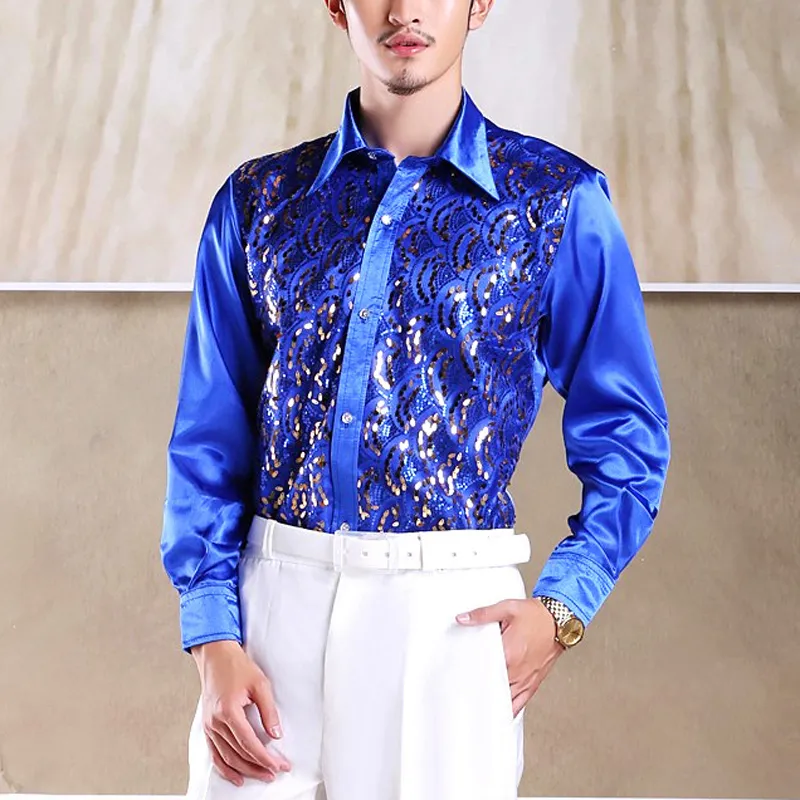 Chemise Paillettes Homme Dorée – Manches Longues Satin Brillant, Coupe Ajustée Pour Soirée Club, Discothèque, Carnaval Ou Fête