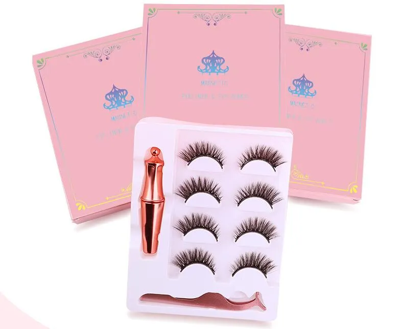 Handmade reusable Five magnetic eyelashes set 4 pairs natural long magnet lashes with liquid eyeliner + tweezer DHL Free eyelash extensions