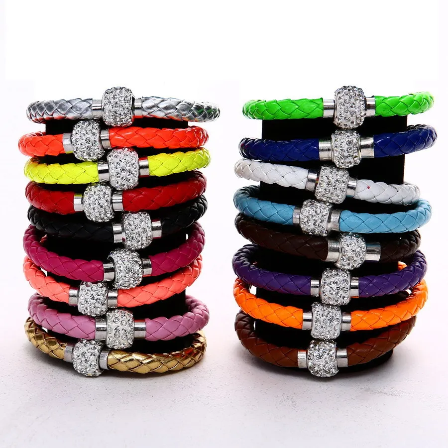 Mulheres Pulseira Magnética Buckle Snap Wrap Pulseiras de Couro Genuíno Rhinestone High Moda Jóias