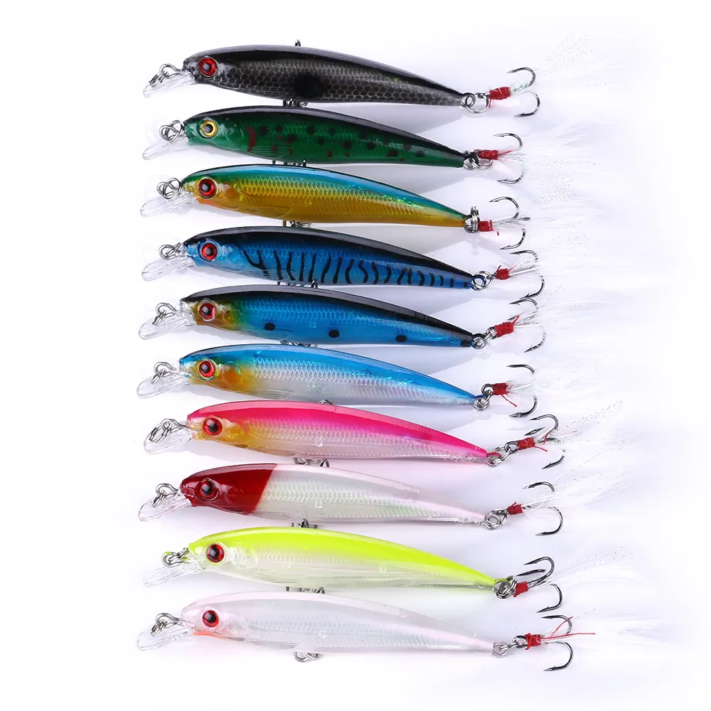 Hengjia 100PCS Brand Top Grade Luminous Minnow wobbler 9CM 8g hard bait plastic fishing lures set with Hooks and carp fishing Feather(MI094)