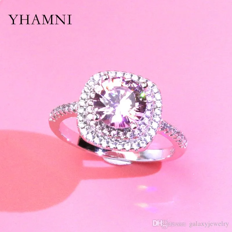 Yhamni Mode Rosa Rosa CZ Stone 925 Sterling Silver Ring för Kvinnor Lyxig Bröllop Ring Fina Smycken Box Xjz3335