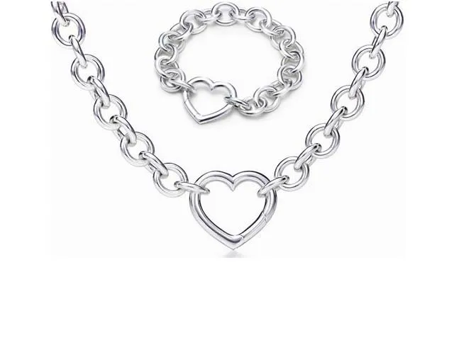 2019 new silver thick chain with silver heart ring Pendant Necklaces and bracelet high quality Women Necklaces bracelet suit