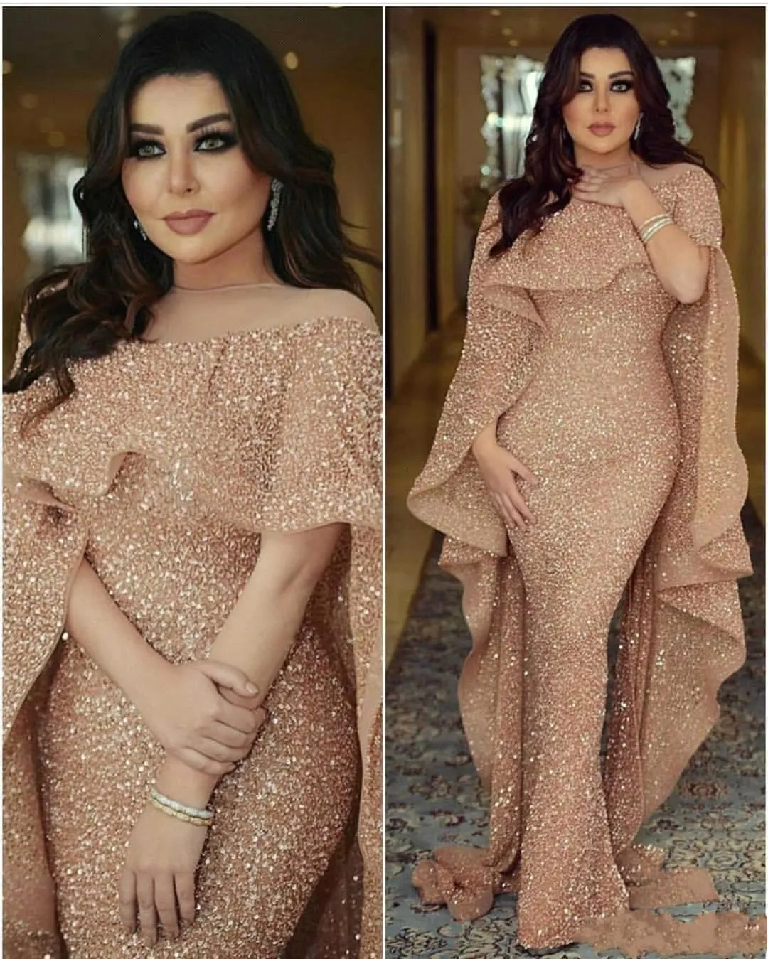 Günstige Bling Rose Gold Pailletten Meerjungfrau Ballkleider Illusion Neck Long Cape Rüschen Arabisch Naher Osten Custom Plus Size Abend Go302e