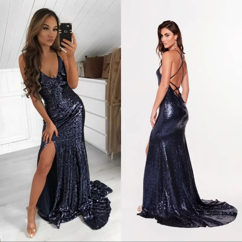 Sparkle Navy Blue Pissed Prom Party Dresses Sexy Mermaid V Neck Split Corset Bridesmaid Aftonklänningar Golvlängd Vestidos billig