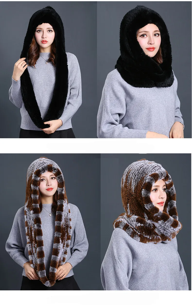 Hat Women 2017 New Knitted Real Rex Rabbit Fur Hat Hooded Scarf Winter Warm Natural Fur Hat With Neck Scarves (9)