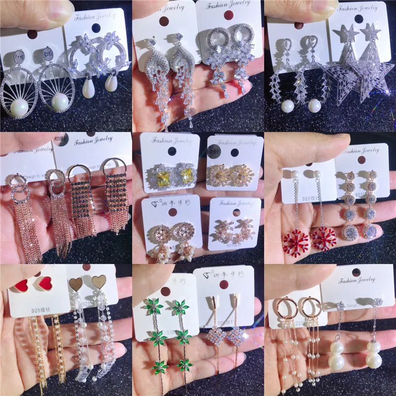 New S925 silver needle long earring copper micro inlay color temperament fashion earrings earrings pendant female mixed batch