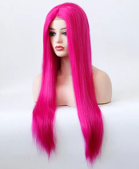 Middle Part Wig Hand Tied Rose Red Color Straight Heat Resistant Hair Cosplay Drag Queen Glueless Synthetic Lace Front Wigs (9)