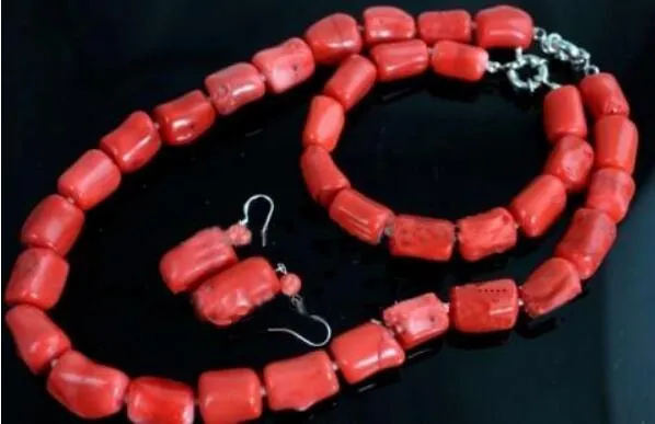 Gratis frakt + Naturligt rött korallpärlhalsband17 '' armband 7,5 '' Örhängen